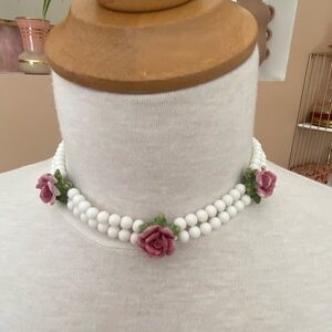 Elegant Antique Milkglass White and Pink Rose porcelain Choker Necklace